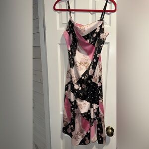 Black and Pink Floral Patchwork Slip Dress w Slit Size M NWT